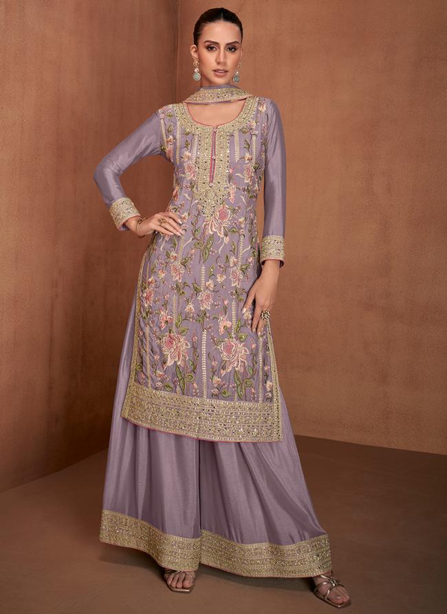 Georgette Lilac Eid Wear Embroidery Work Readymade Plazzo Suit